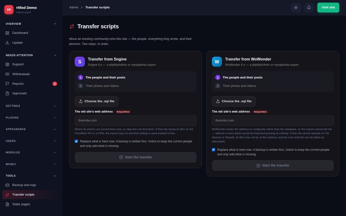 Transfer scripts page