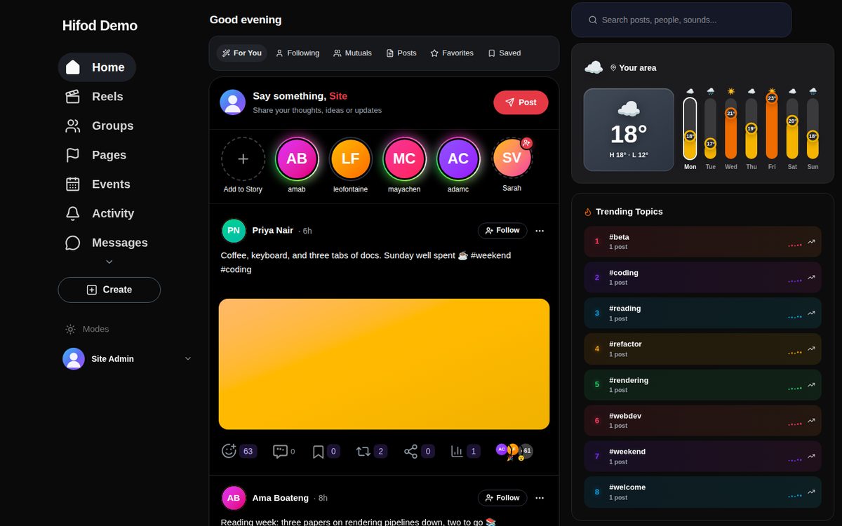 The Hifod home feed with stories, posts and trending topics