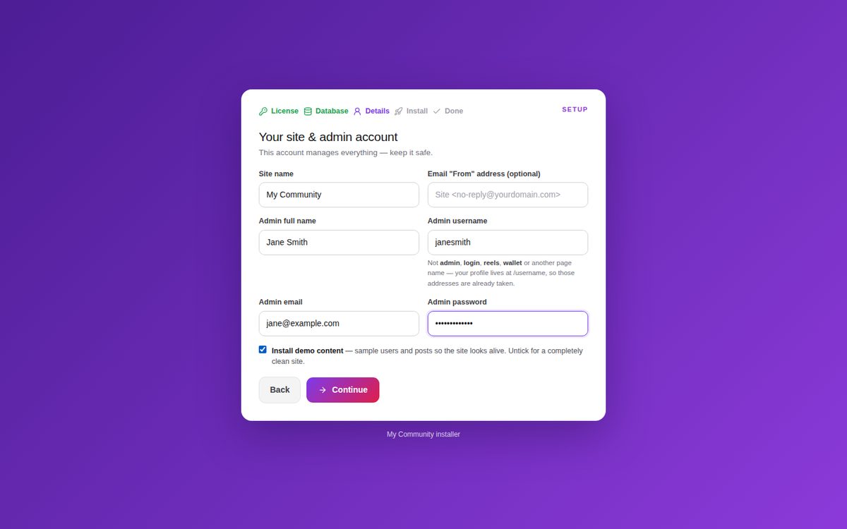 Wizard step 3: site and admin account